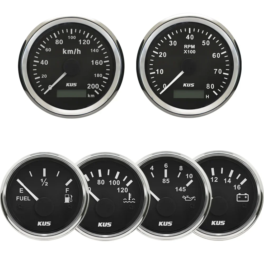 

KUS 6 Gauge Set 85mm GPS Speedometer Tachometer 52mm Water Temp Oil Pressure Fuel Level Voltmeter with Red Yellow Backlight