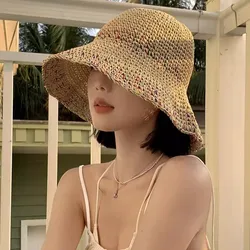 Rainbow woven women's sunscreen hat summer Japanese straw hat  protective fashion, breathable hollow beach sun hat