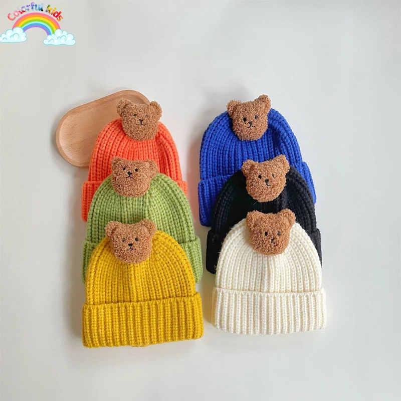 

Bear Baby Beanies Solid Color Toddler Crochet Bonnet Autumn Winter Infant Knitted Hat for Boy Girl Soft Woolen Warm Skullies Cap