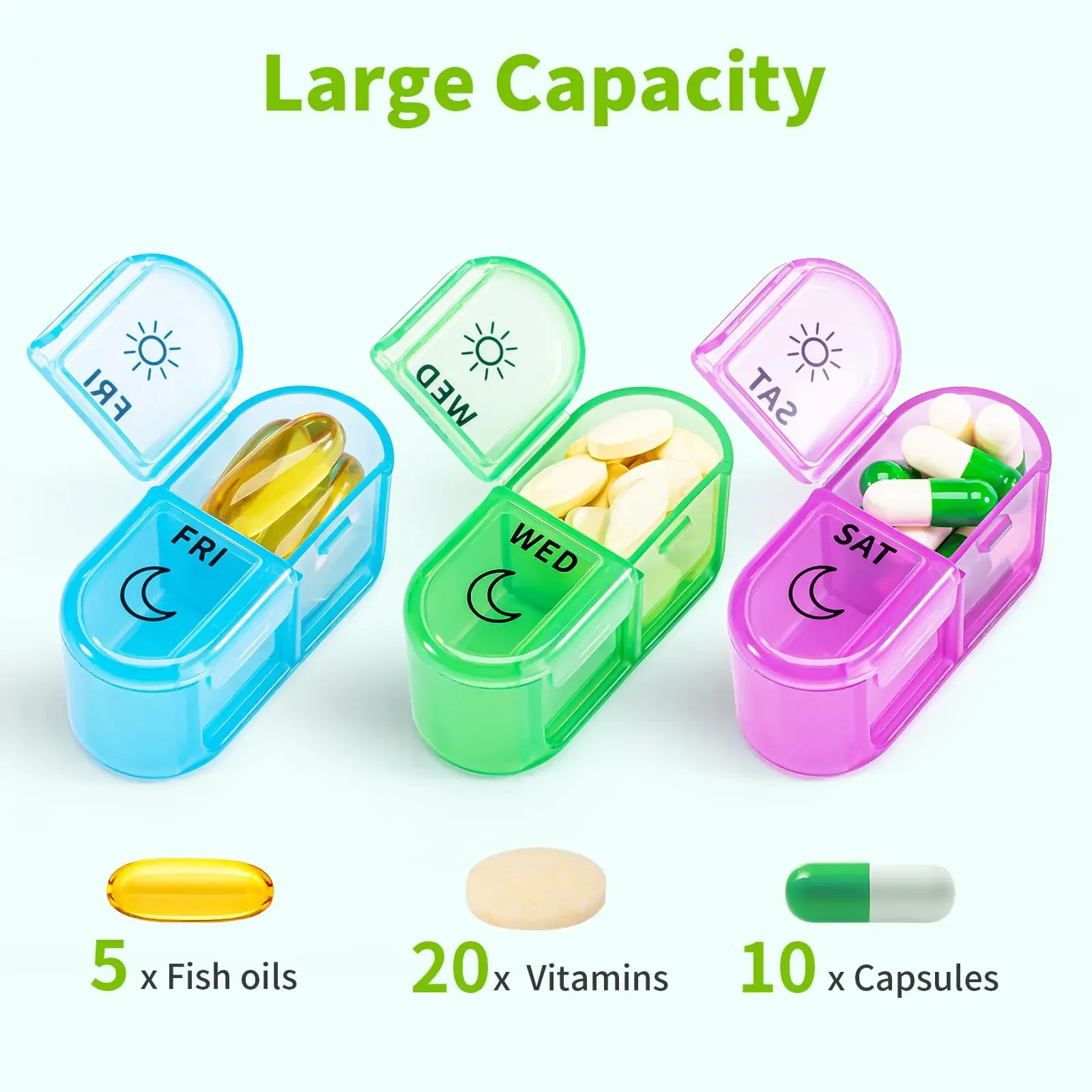 Weekly Pill Box in Rainbow Colors Portable Travel Case Medication Vitamins Supplements Large Compartments for Vitamins Medicine