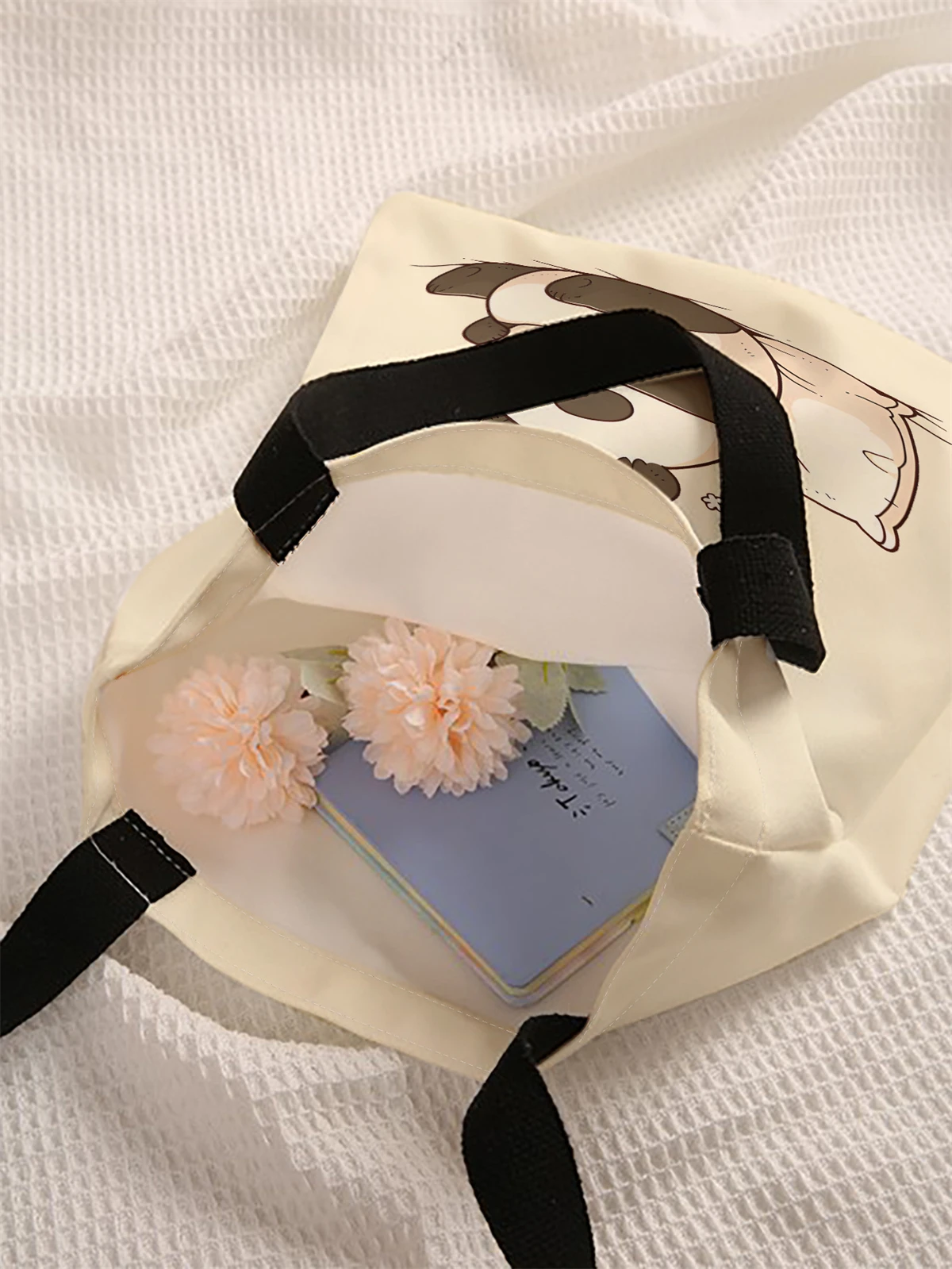 Panda pattern printed casual handbag, reusable fashionable backpack, multifunctional handbag, canvas shopping bag