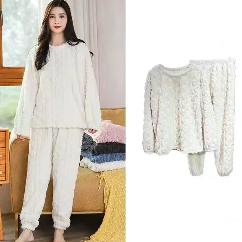 Women Pajama Sets Women Warm 2 Piece Sets Thicken Soft Velvet Ribbed Fleece Set Pullover And Pants Casual Pajama Sets Women Autumn Winter