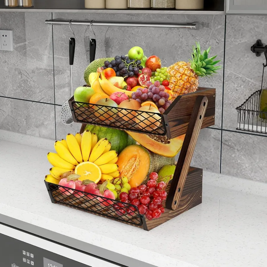 Fruit Basket for Kitchen 2 Tier Fruit Bowl Kitchen Counter Organizer Wooden Vegetable Holder for Countertop Bread Storage Baske