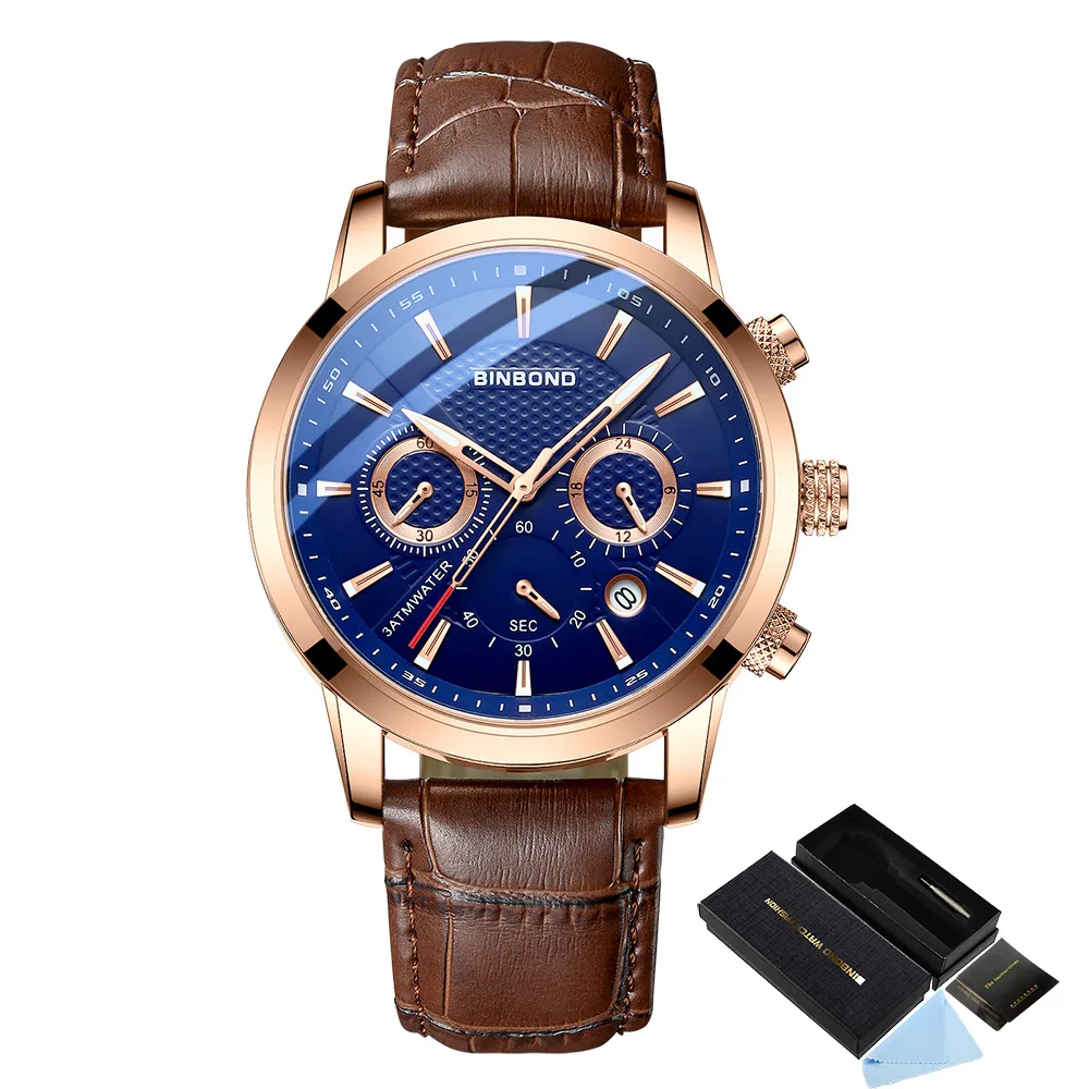 

2023 New Mens Watches BINBOND Top Brand Leather Chronograph Waterproof Sport Automatic Date Quartz Watch For Men Relogio Masculi