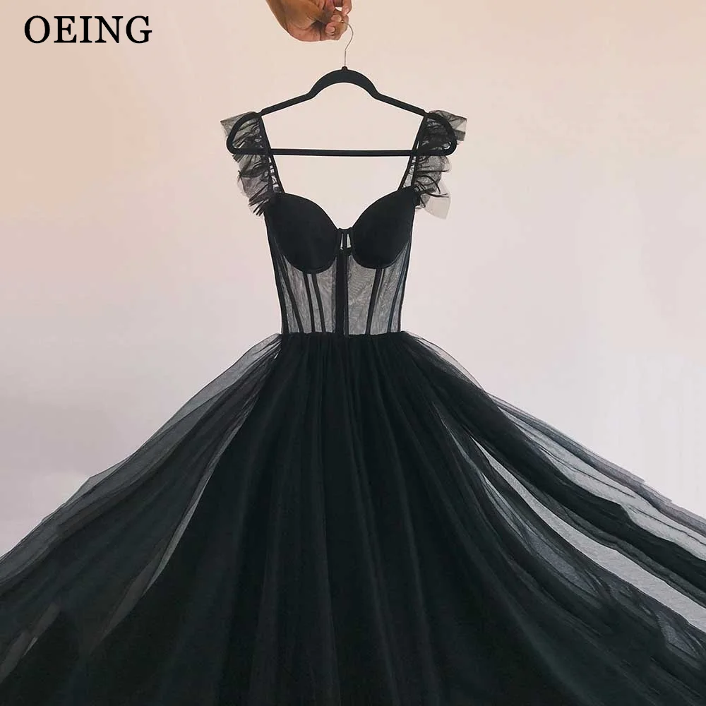 

OEING Elegant Black Prom Dresses Simple Sweetheart Spaghetti Strap Tea Length Evening Dress For Wedding Party Vestidos De Noche