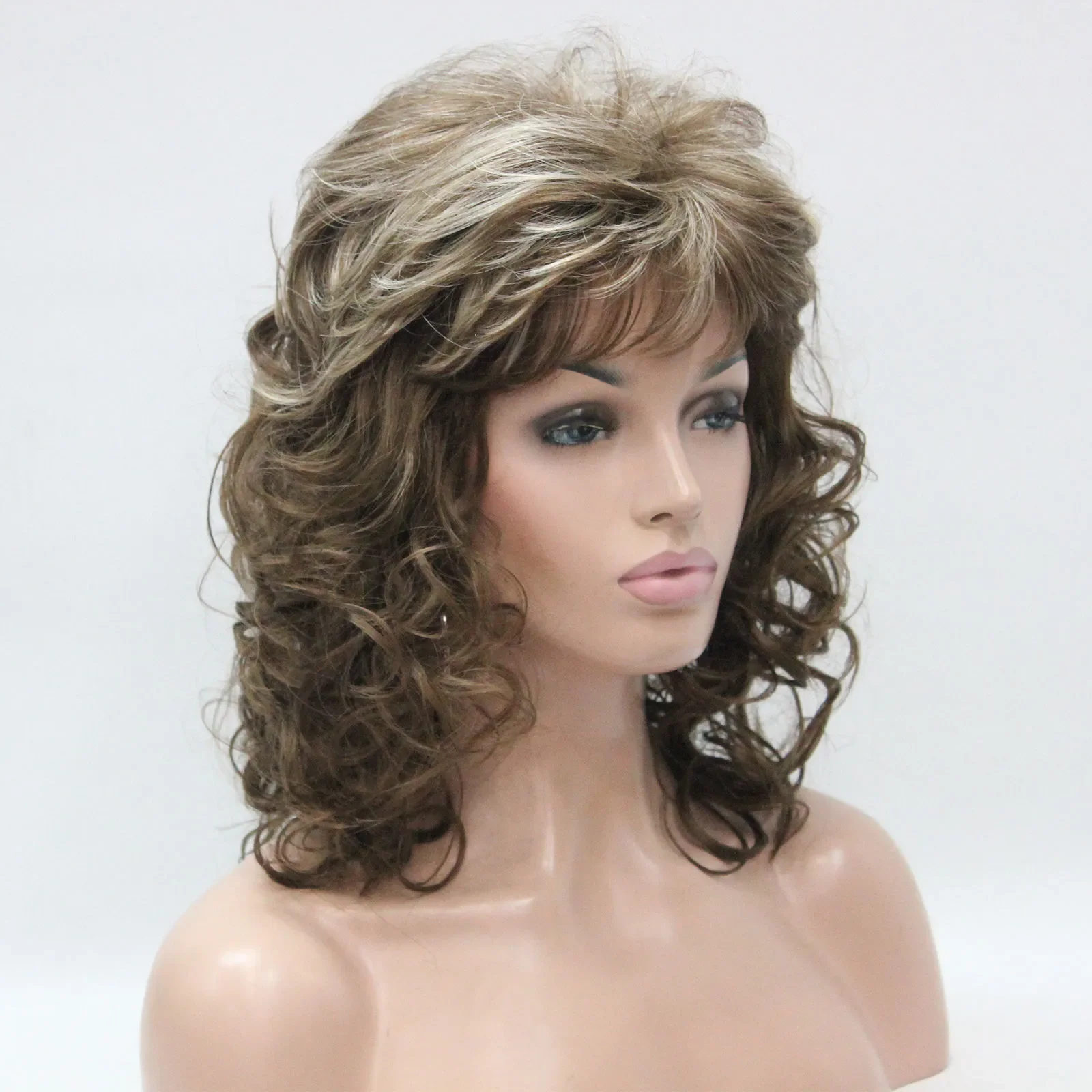 

Wholesale super fashion charming Brown mixed medium length curly women's bangs wigs