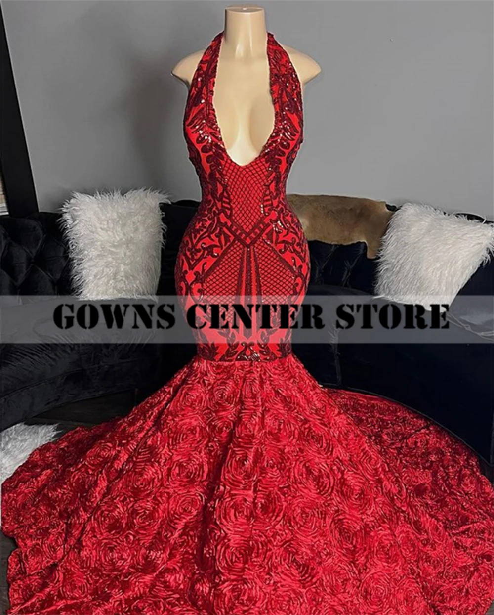 Royal Blue Sequined Prom Dresses For Black Girl Halter Evening Gown African Formal Gown Wedding Party Dress women prom dresses