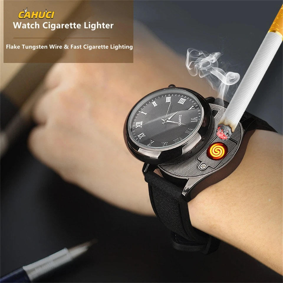 watch with cigarette lighter 1PCS Watch Style Metal Coil Lighter Men's Watch Lighters Rechargable USB Cigarette  lighter Outdoor Flameless Cigarette Accessory