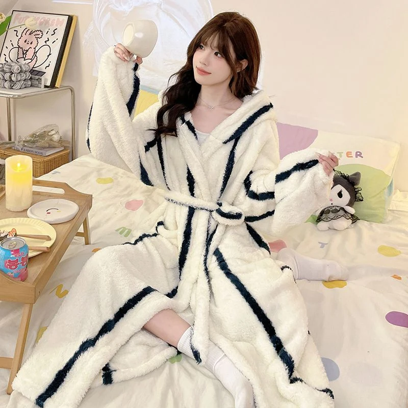 Winter Long Sleeve Hooded Thick Warm Flannel Kimono Robes for Women Casual Plaid Bathrobes Sleepwear Nightdress Night Dress