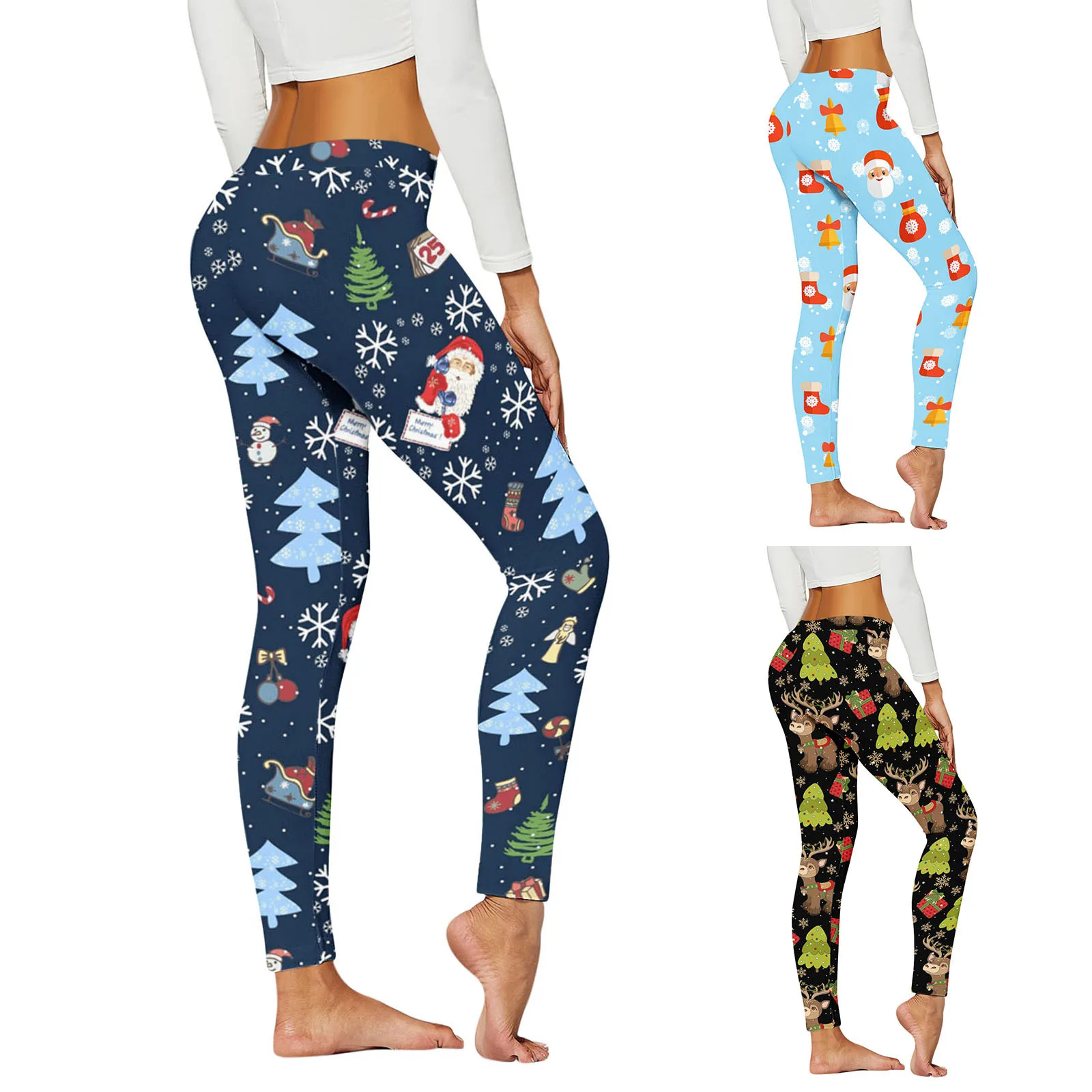

Women Christmas Leggings Seamless High Waist Cartoon Xmas Tree Print Running Shorts Santa Claus New Year Gym Workout Leggings