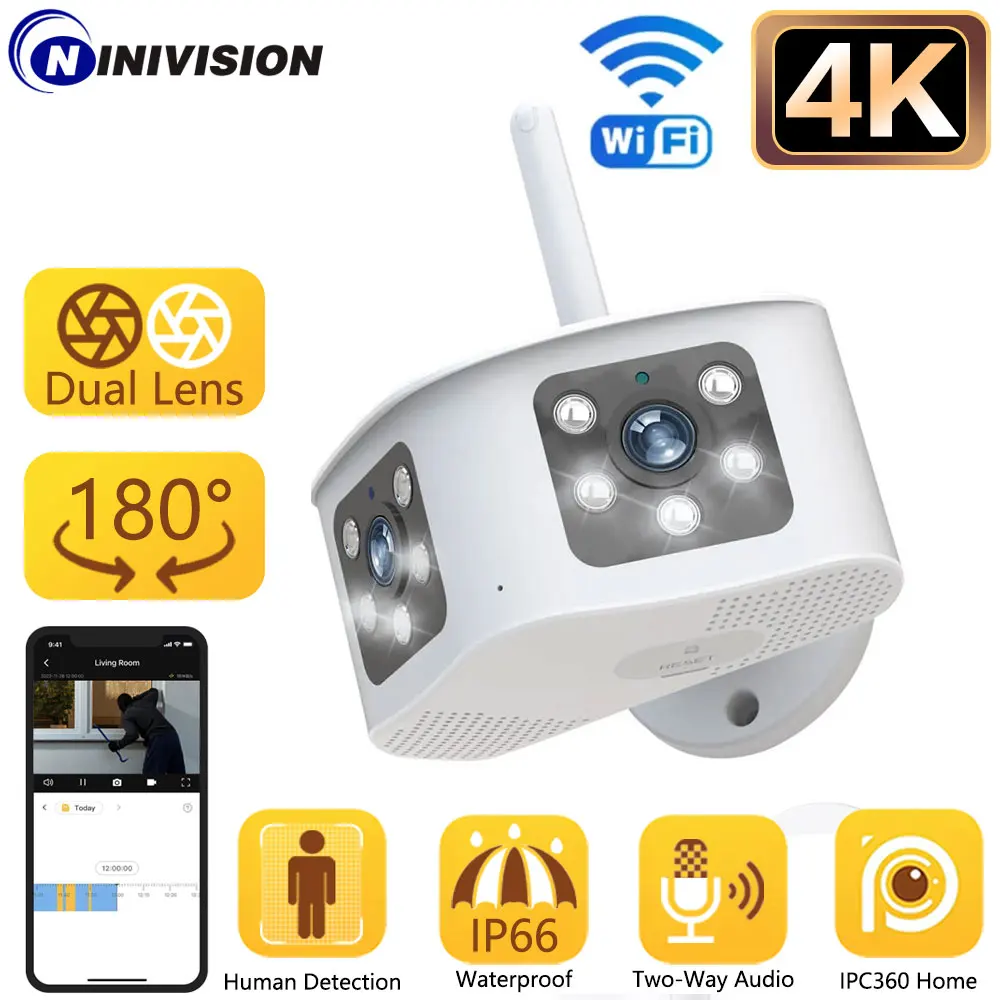 

8MP 4K 180° Ultra Wide View Angle Panoramic WIFI Dual Lens 4MP IP Camera Outdoor Color Motion Detection Home Security Camera