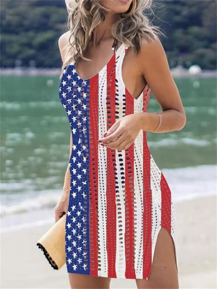 

Women 4th of July Swimwear Beach Dress Sleeveless Hollow Out Slit Crochet Cover Up Independence Day Swimsuit Coverup