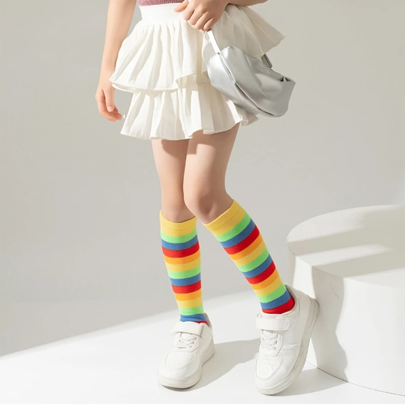 Spring Autumn Children's Long Stockings Rainbow Stripped Teen Girls Christmas Cosplay Party Socks Kids Girls Knee High Socks