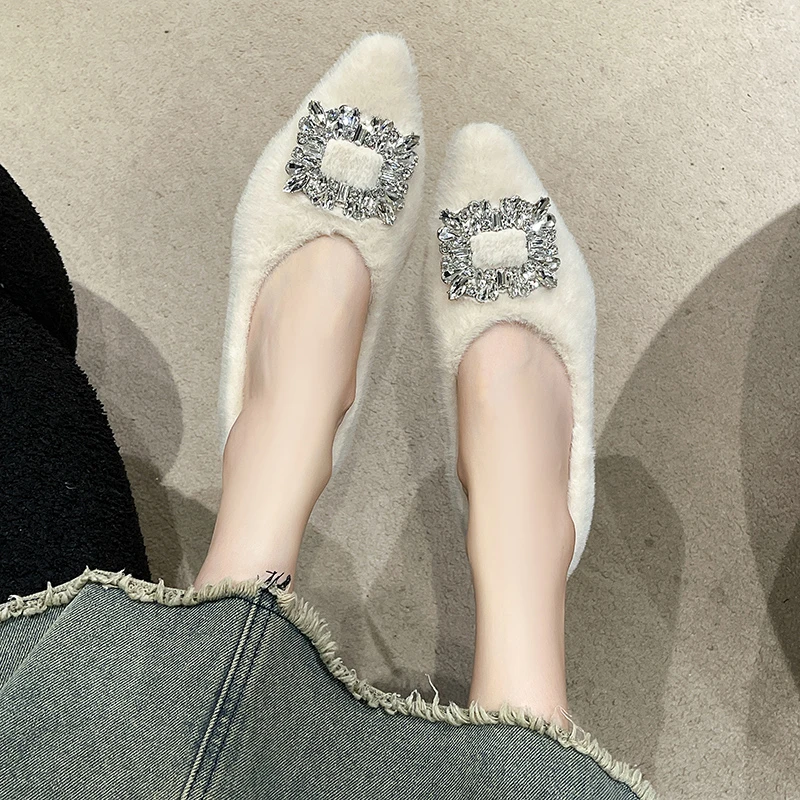 Aphixta Luxury Crystal Buckle Slip On Flats Soft Furry Shoe Shallow Flat With Women Loafers Pointed Toe Warm Casual Shoes