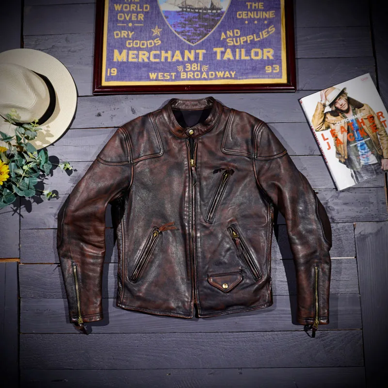 

Tailor Brando Men's Biker Jacket Tea Core Horse Leather Washed Aged Stand Collar Tom Hardy Classic Venom Vintage Jacket