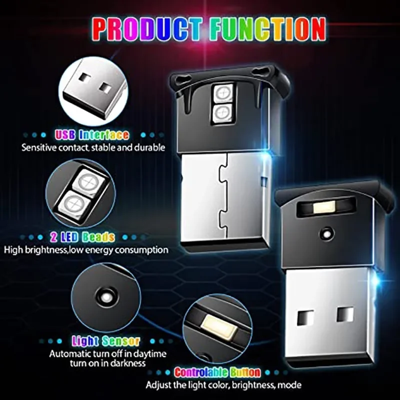 1/2pcs USB Ambient Light LED RGB Ambient Light Mini 8 Color Variable for Car Laptop Keyboard Atmosphere Smart Night