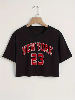 New York Letter Print Crop T-shirt, Casual Crew Neck Short Sleeve Top, Women's Clothing 1