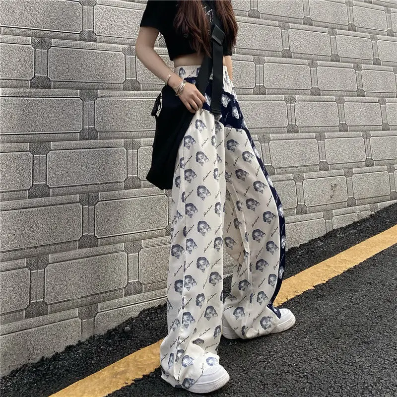 Summer Sports Chic Y2k Young Style Streetwear Women Korean Fashion Printed Contrasting Color All Match Long Wide Leg Trousers