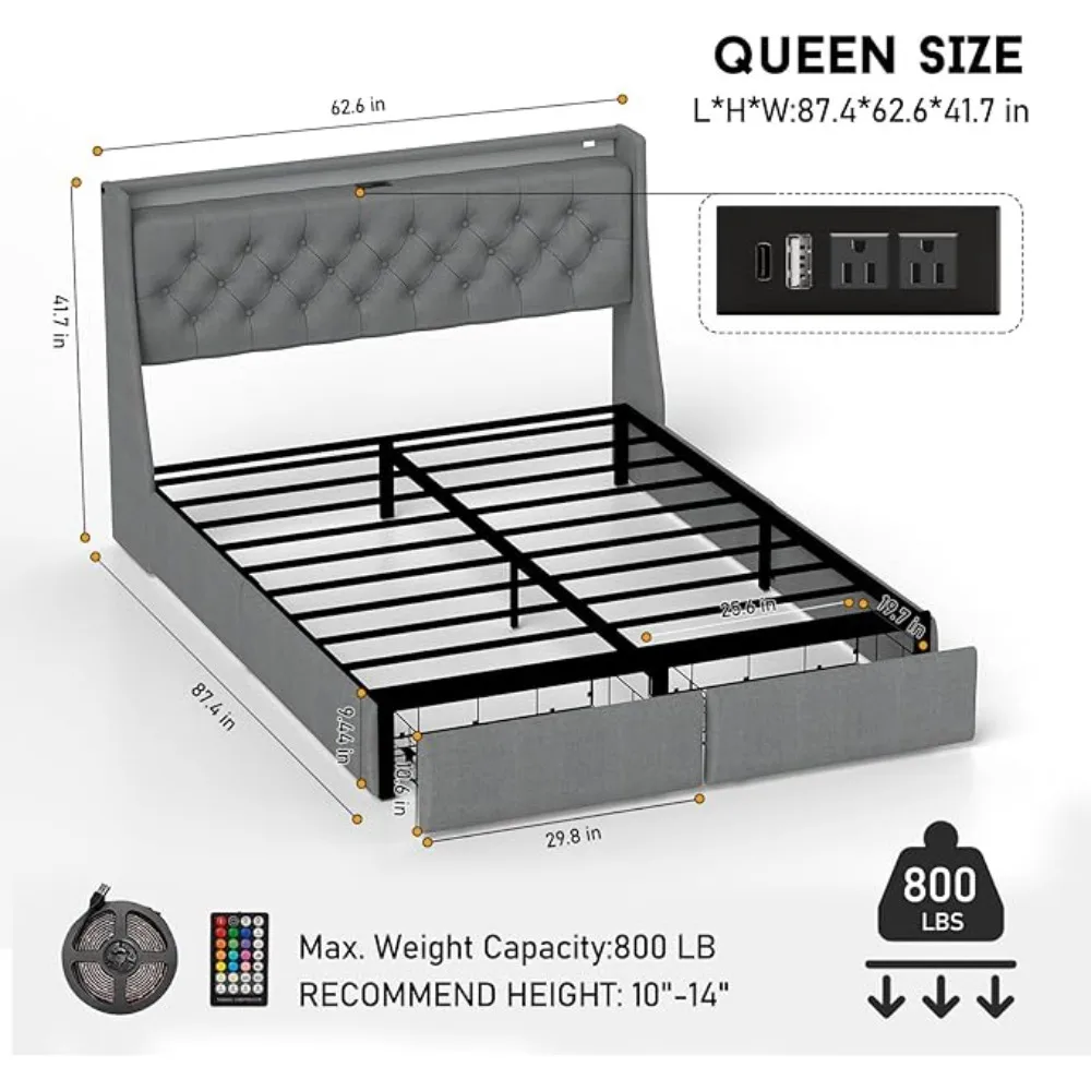 Queen Bed Frame with 2 Storage Drawers and Luxury Wingback Upholstered Button Tufted Storage Headboard Charging Station 2