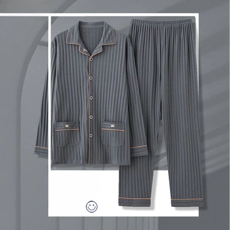 Men Pajamas Spring Autumn Cotton Long Sleeve Loose Cardigan Can Be Worn Outside Home Dress Emboitement Pajama Set new couple pajamas spring and autumn women s long sleeved cotton men s pit strip home service two piece suit can be worn outsid