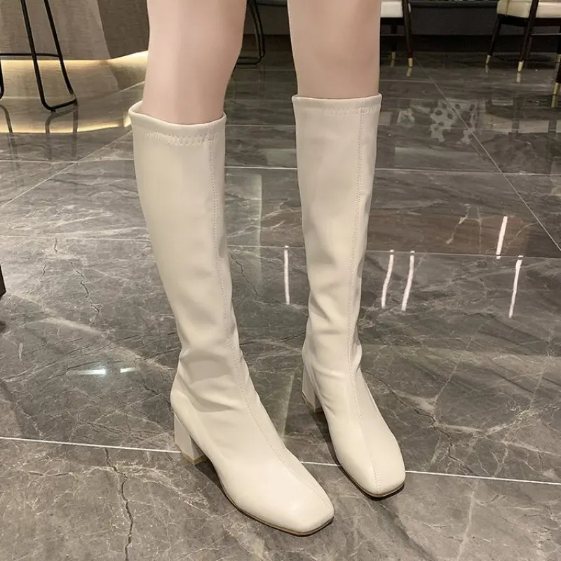 2024 New Knee-High Boots for Women Shoe Square Toe Back Zipper Buckle Thick Heel High Long Modern Knight Boots