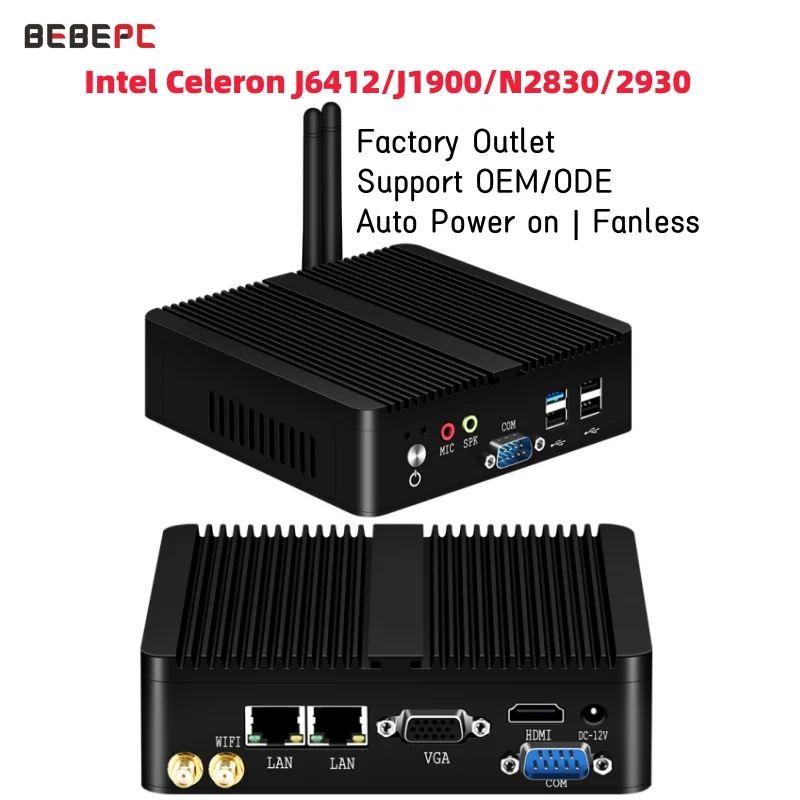BEBEPC Fanless Mini PC Intel Celeron J6412 J1900 N2830 Dual LAN Windows 10 4 Core Industrial Mini Desktop Computer COM WiFi HTPC