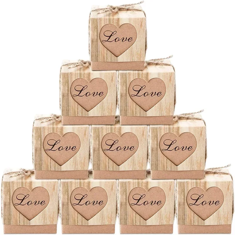 Vintage Personalised DIY Candy Box Kraft Love Candy Box Wood Grain Heart-shaped Hollow Wedding Companion Gift 50PC