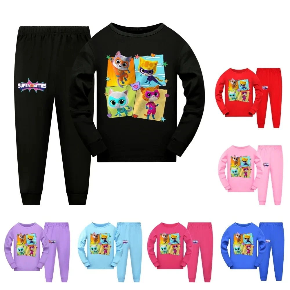

New Kids Clothes Super Kitties Cartoon Pajamas Sets Baby Girls Boys Long Sleeve Tshirt+Pants 2pcs/set Children Casual outfit