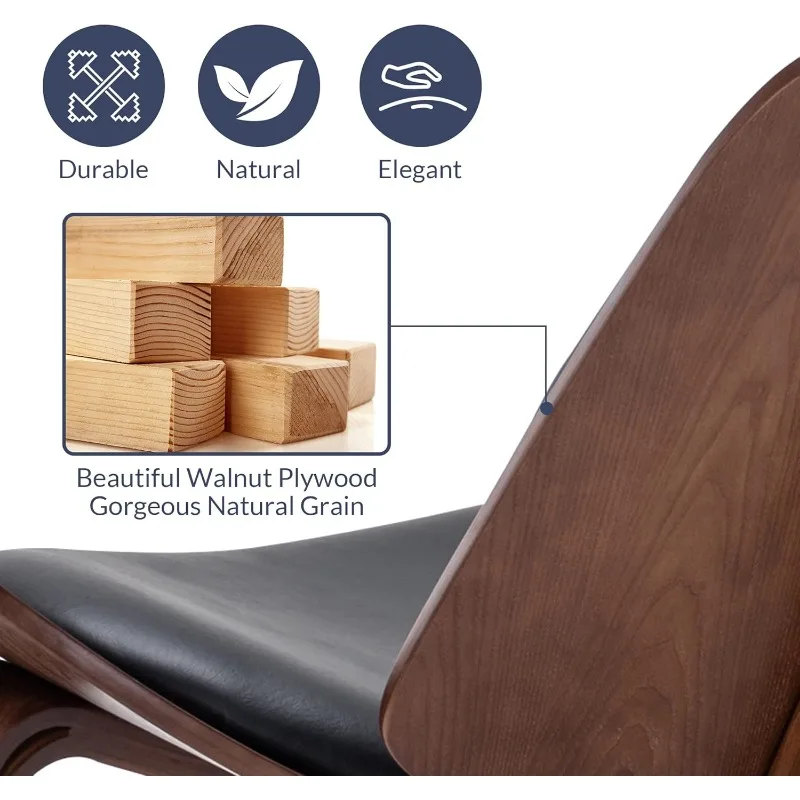 Leather shell recliner, Living room, Bedroom, Office, upholstered tripod side chair, Solid wood - Avalon (black) 4