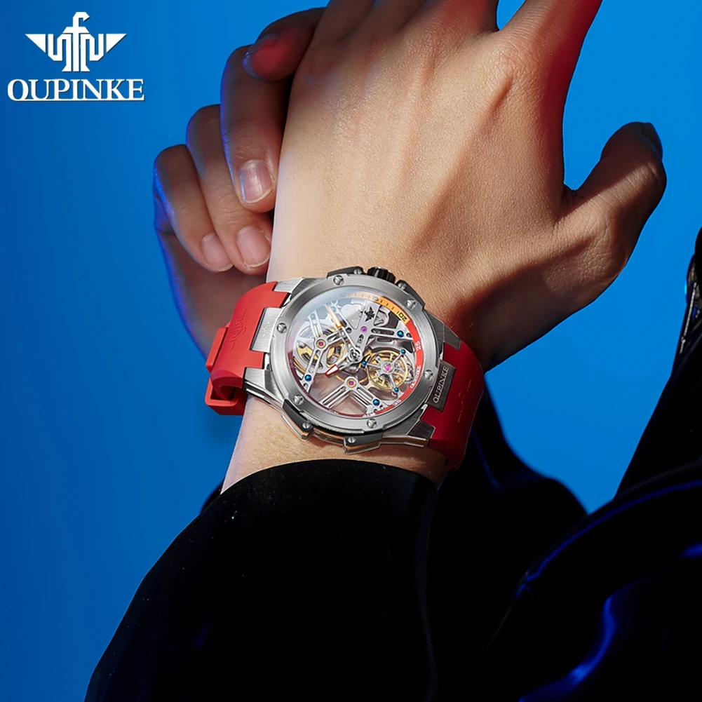 OUPINKE Tourbillon Watch for Men Automatic Mechanical Men's Watches Silicone Strap Sapphire Mirror Waterproof Original Watch Man
