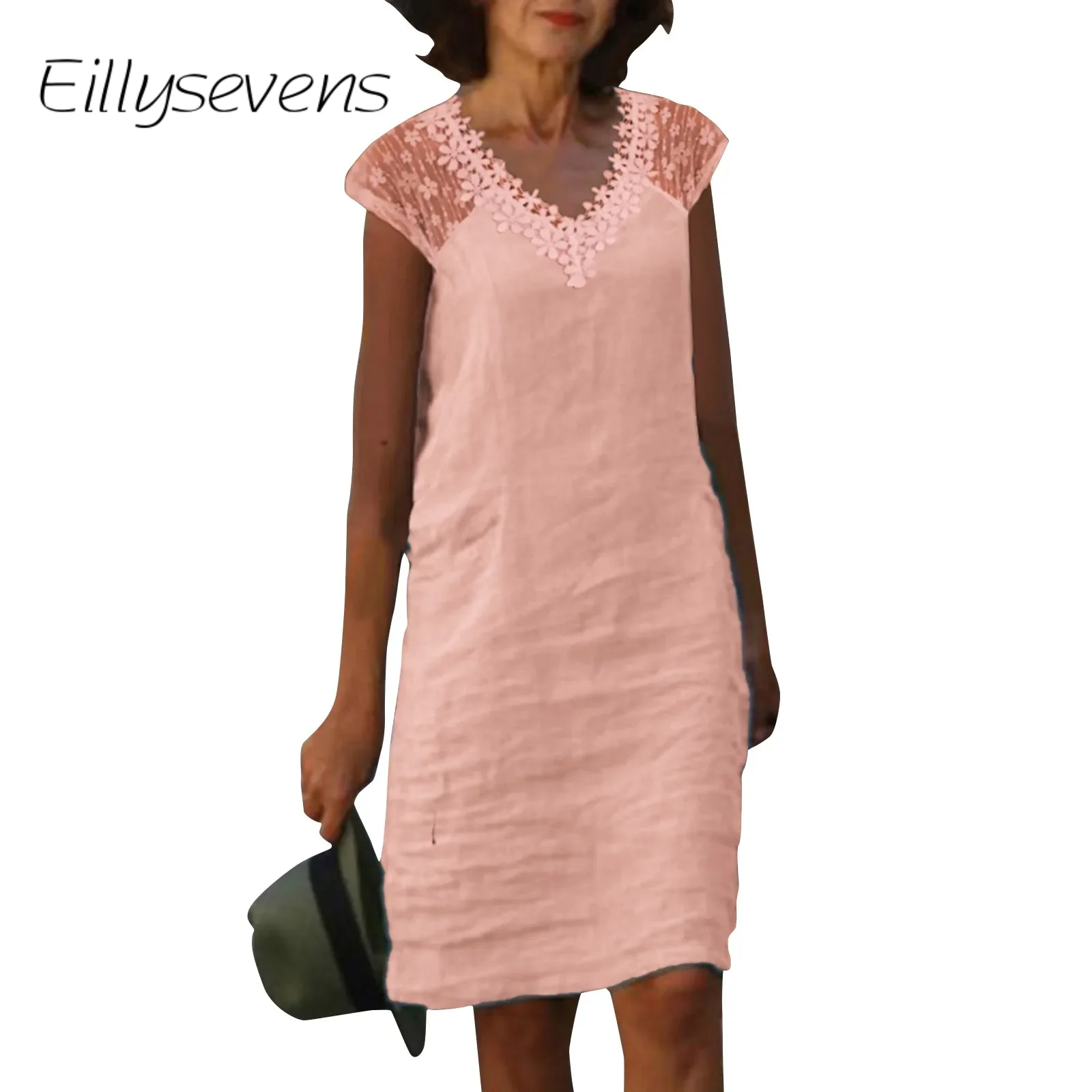 

Женское платье 2024 летнее однотонное кружевное прямое модное соблазнительное платье без рукавов с V-образным вырезом модные платья