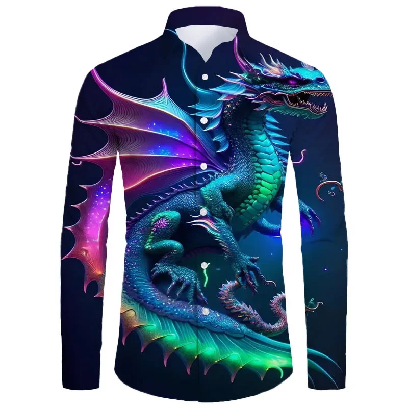 

New Hawaiian Men's Oversized Casual Shirt 3d Print Dragon Luxury Streetwear Clothes For Long Sleeve Lapel Button Vintage Tops