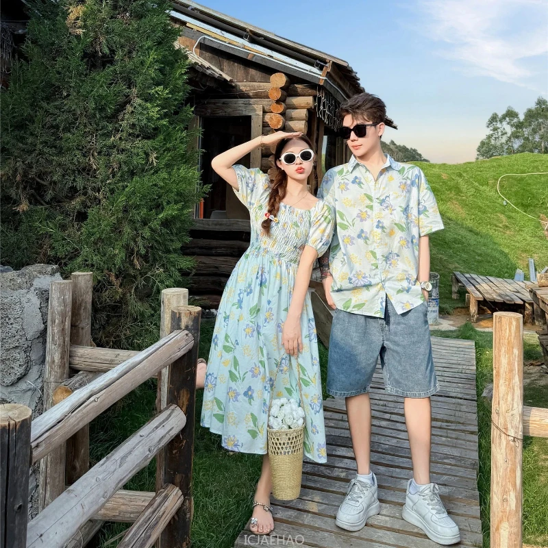 Family Vacation Matching Outfits for Brother Clothes Mom Daughter Smock Dress Coat Couples Dad Son Floral Shirt Korean Sister - 3