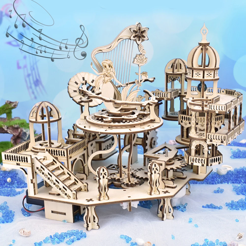 3D Wooden Puzzle Mystery Island Music Box with Light DIY Assembly Model Kit for Adults Kids Valentine's Day Gifts puzzle building block toy