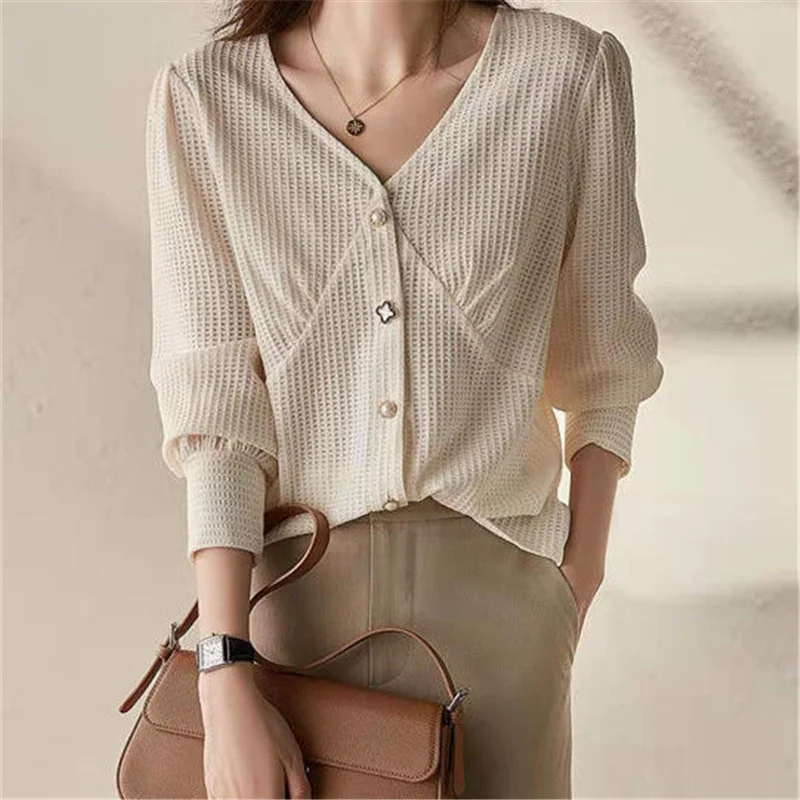 Women's Elegant Fashion V-neck Chic Sweet Buttons Cardigan Coat Spring Autumn Casual Street Solid Long Sleeve Slim Tops Clothing