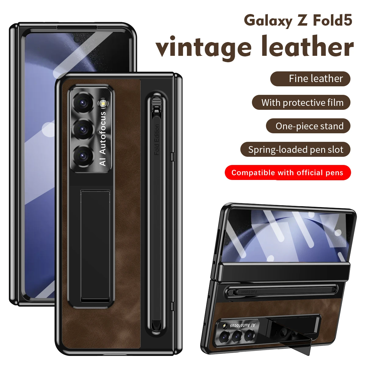 For Samsung Galaxy Z Fold 5 Case Vintage Leather Hinge Fold 4 3 With S Pen Holder Magnetic Kickstand Full Screen Protector Cover