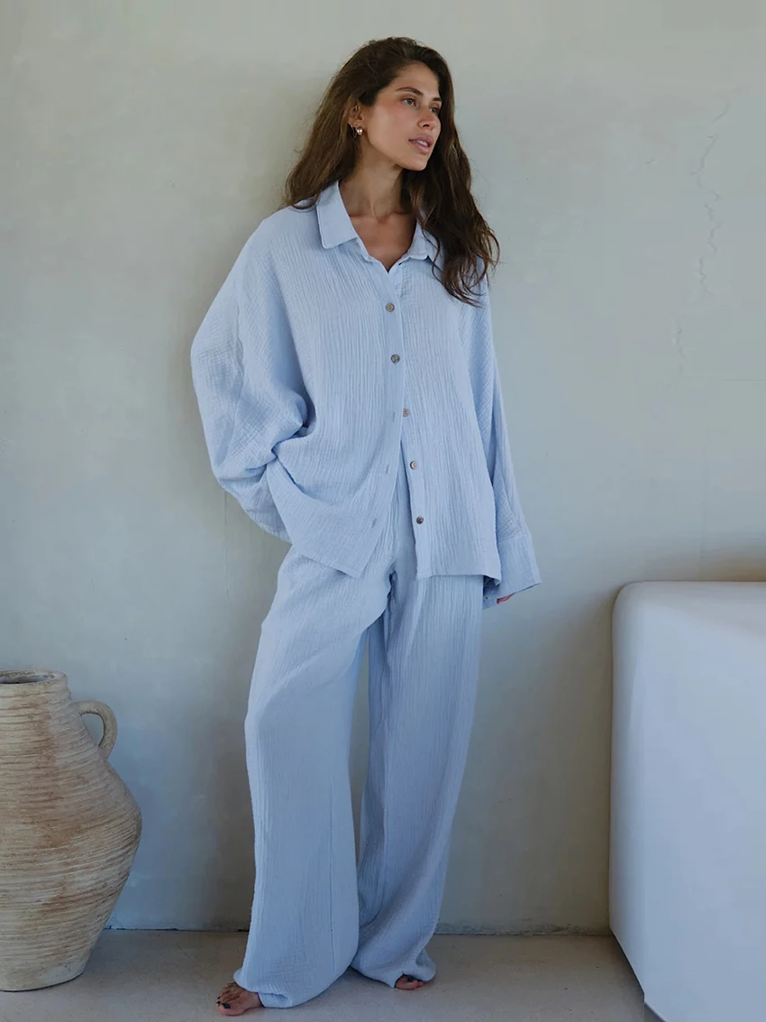 Marthaqiqi Causal Female Nightwear 2 Piece Suit Long Sleeve Nightgowns Turn-Down Collar Sleepwear Pants Loose Women Home Clothes
