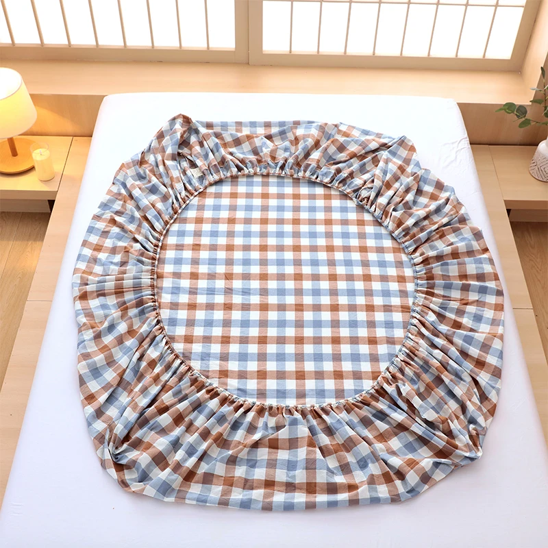2025 New All-cotton Yarn-dyed Single Bed Hat Printed Checked Washed Mattress Cover Wrap Bed Cover 360 Degrees with Elastic 4