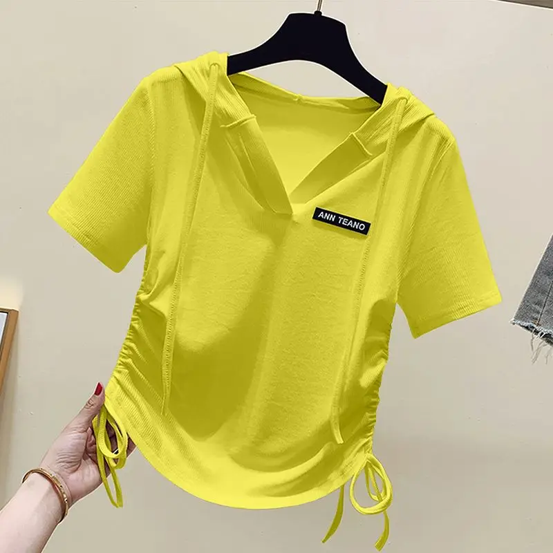 

Korean Fashion Summer New Women's Hooded Solid Drawstring Irregular Simplicity Versatile Casual Slim Short Sleeve T-Shirts Tops