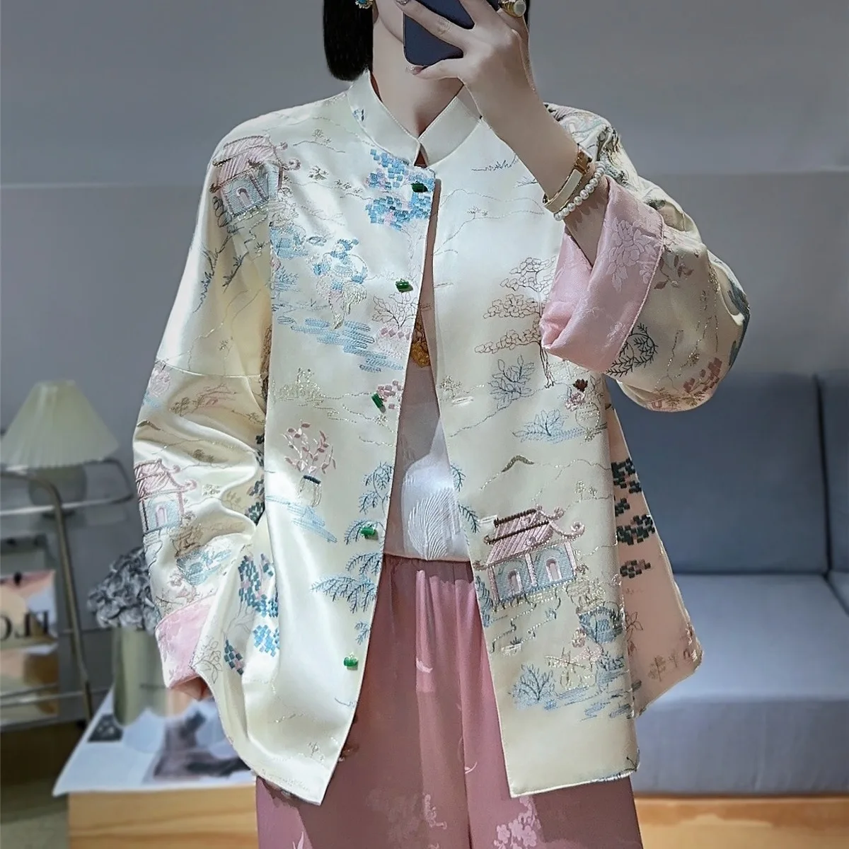 High-end Women Acetate Reversible Jacket Top Embroidery Pavilion of Mist and Rain Tang Suit Elegant Lady Loose Coat Female S-XXL