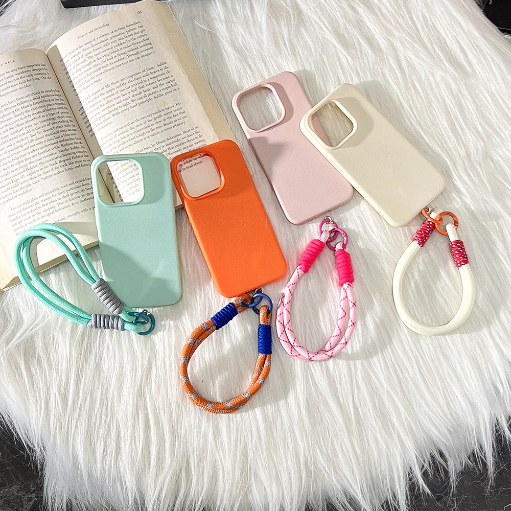 Cute Candy Leather Texture With Wrist Strap Case For iPhone 17 Air 16 15 14 11 12 13 16 Pro Max 16 Plus Solid Color Soft Cover 2