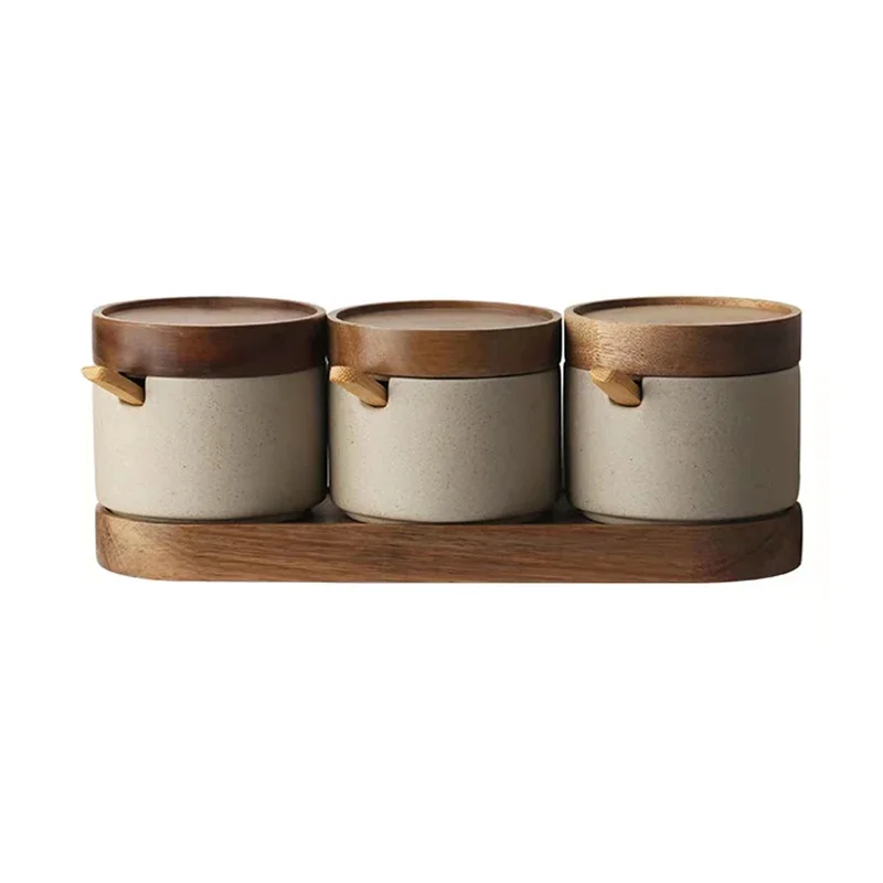 Ceramic Storage Jar Vintage Ceramic Seasoning Jar Japanese Style Home Kitchen Salt Chili Sugar Jar Oil Pot Wooden Lid Spice Kitchen Utensils Modern