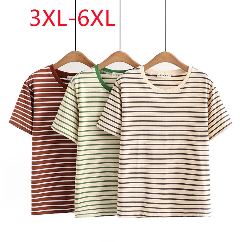 

New 2023 Ladies Summer Plus Size Tops For Women Large Size Short Sleeve O-neck Stripe T-shirt 3XL 4XL 5XL 6XL