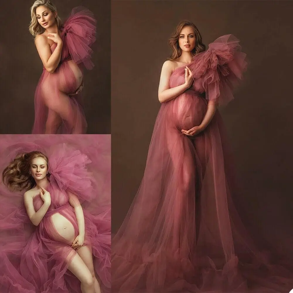 2022 Maternity Photoshoot Dresses Tulle One Shoulder Bridal Wrap Fluffy Pregnant Women Robe For Photo Photography Robes Dressing