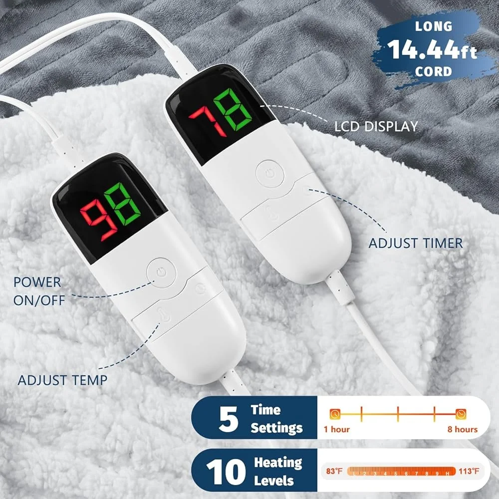 Heated Electric Blanket Queen Dual Control 10 Heat Levels 8 Hours Auto Shut Off Soft Flannel with Overheat Protection 4