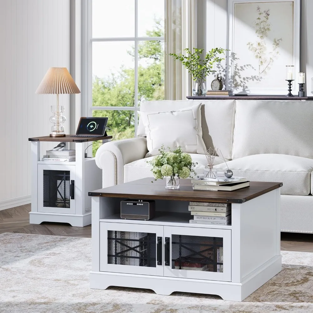 Square Coffee Table, Farmhouse Coffee Tables for Living Room, Wood Coffee Table with Storage, White Coffee Table with Hidden 5