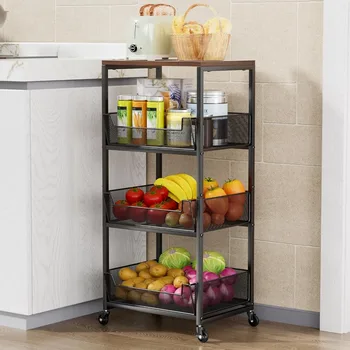 4-Tier Rolling Fruit & Vegetable Kitchen Cart with Wood Top 1