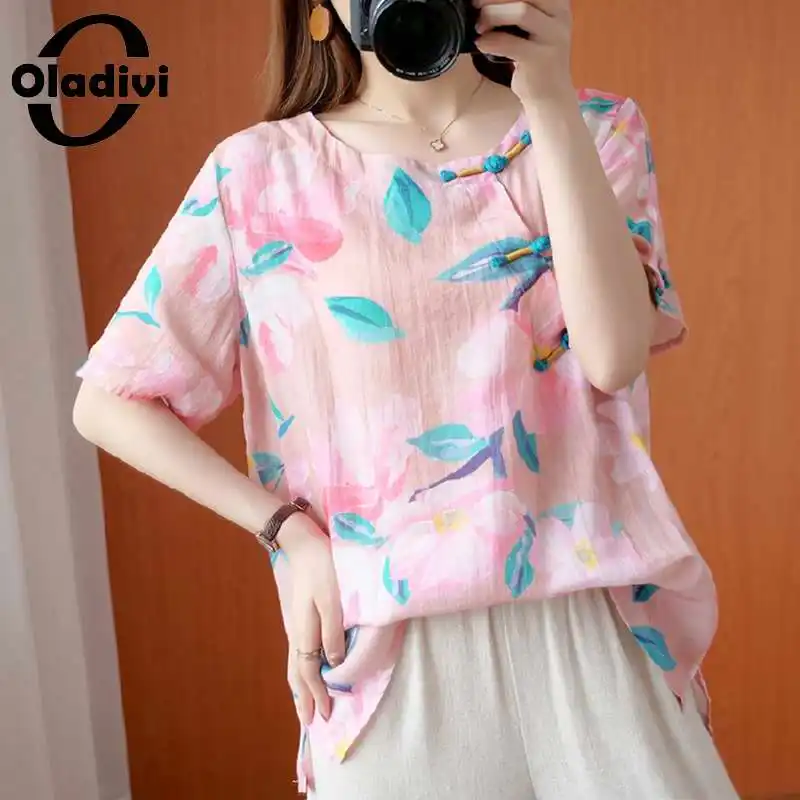 

Блузка Oladivi женская с коротким рукавом, модная хлопково-льняная рубашка с принтом, повседневная свободная туника, топ для девушек, летняя Дамская блузка