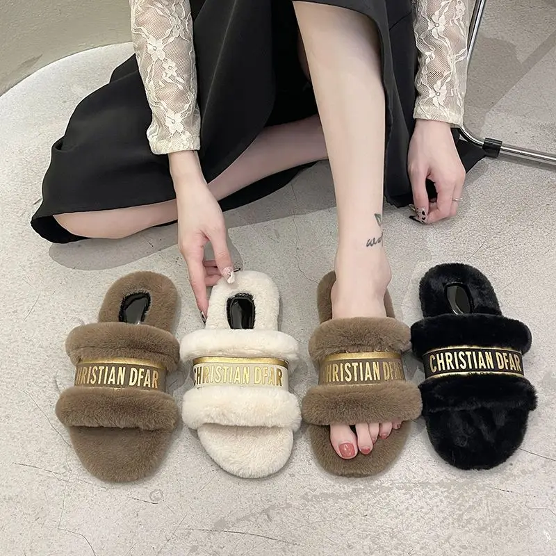 

2022 Women's Shoes Flat Fur Slippers Women's Winter Fashion Korean New In Slippers Flip Flops Sandals For Women Large 42