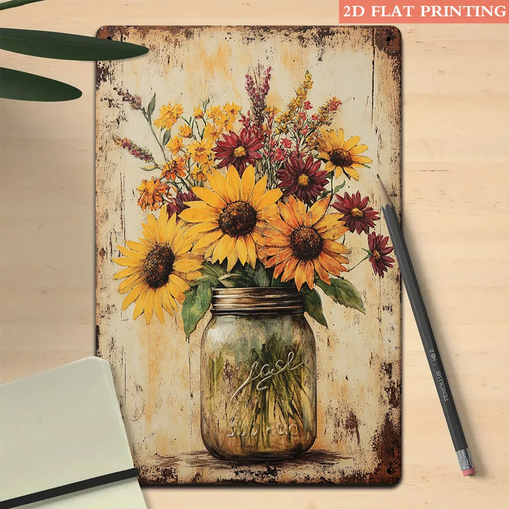 빈티지 해바라기 메이슨 항아리 금속 간판 철제 8x12인치 레트로 벽 장식 플라크 양철판 가정 사무실 주방용